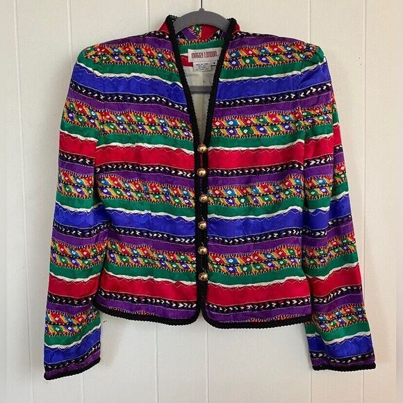 Maggy London Blouse Women’s 4 Red Multicolor Silk Braided Boho Fiesta Party VTG - Picture 1 of 7